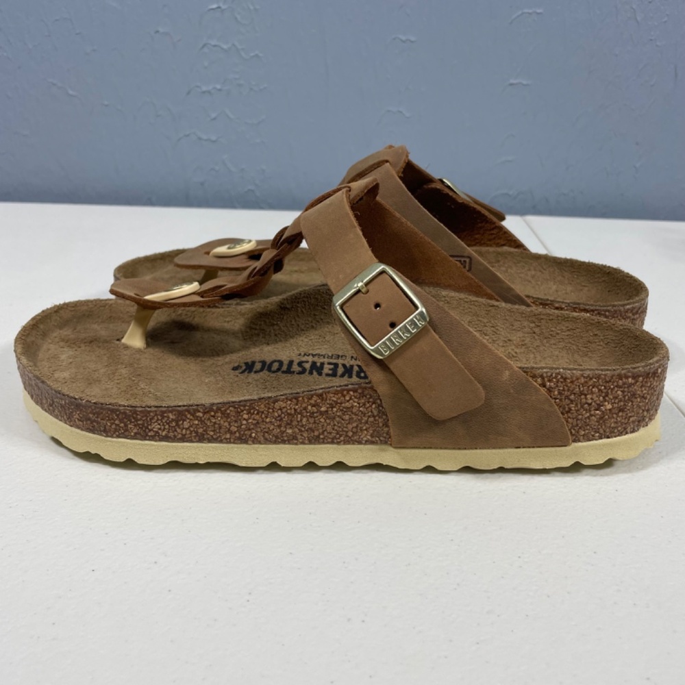 NWOT Birkenstock GIZEH Womens Size 38 US 7-7.5 Braided Cognac Leather Sandals